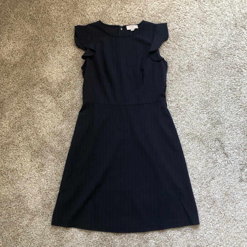 LOFT Navy Pinstripe Ruffle Sleeve Dress